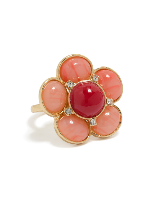 Statement pink stone flower ring crafted from gold plated metal featuring with light coral and crimson accents front view