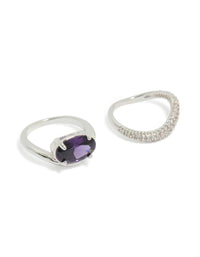 Introducing a silver plated cubic zirconia purple oval rings 2-pack featuring crystal embellishments and statement styling front view - link has visual effect only