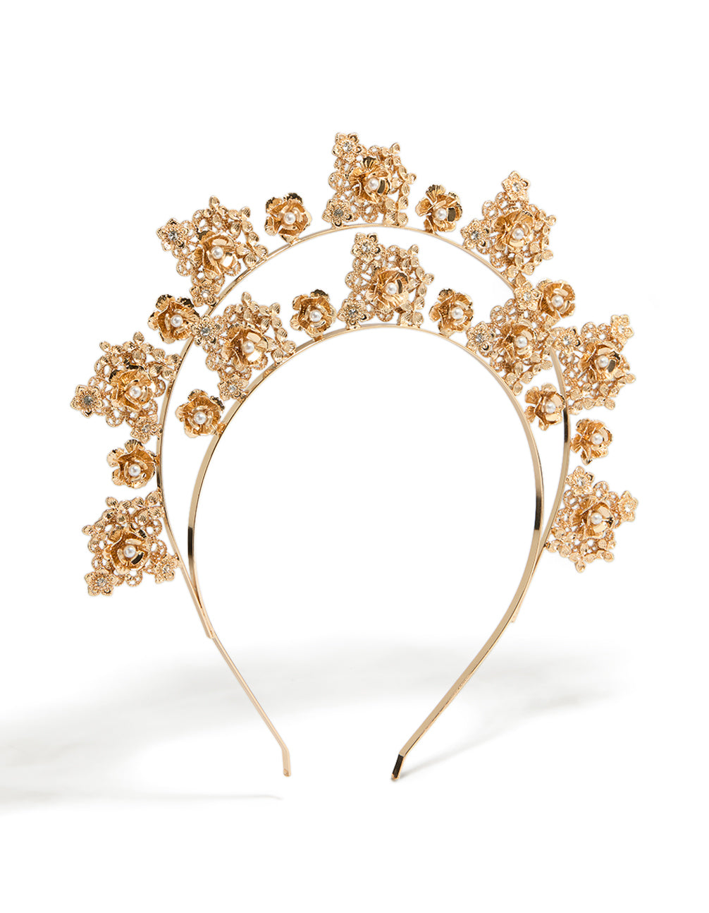 Elegant gold pearl double row flower headband crafted in ivory front view