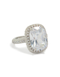 Showcasing a statement ring with cushion cut cubic zirconia, halo setting, and crystal accents in silver and clear front view - link has visual effect only