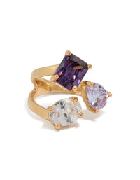 Showcasing a gold plated multi cubic zirconia statement ring with purple and lavender stones front view - link has visual effect only