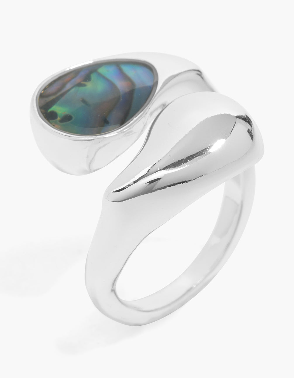 Showcasing a silver plated chunky wrap bar ring with shell effect in statement style front view