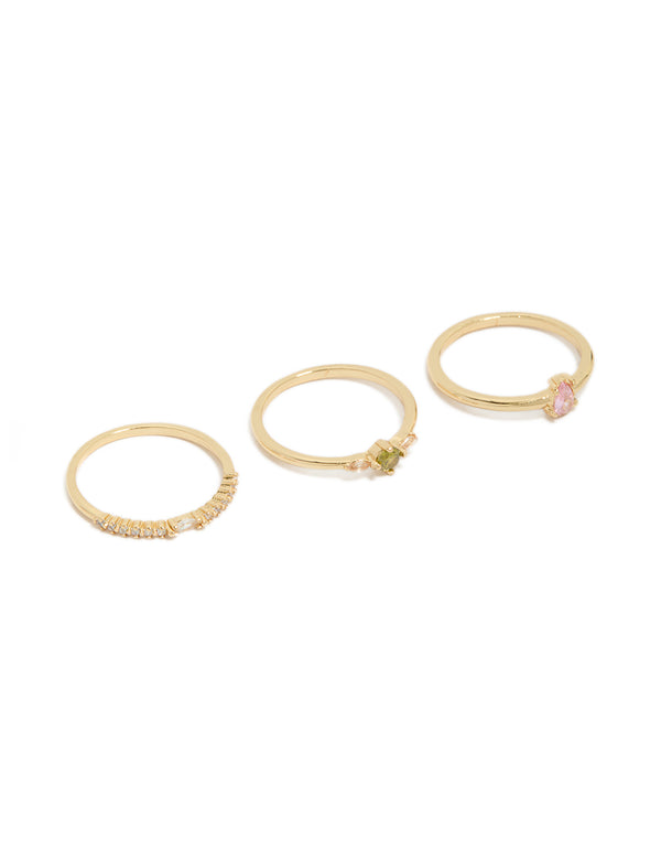 Beautifully crafted gold plated minimalist rings 3-pack featuring cubic zirconia in pink yellow green clear front view