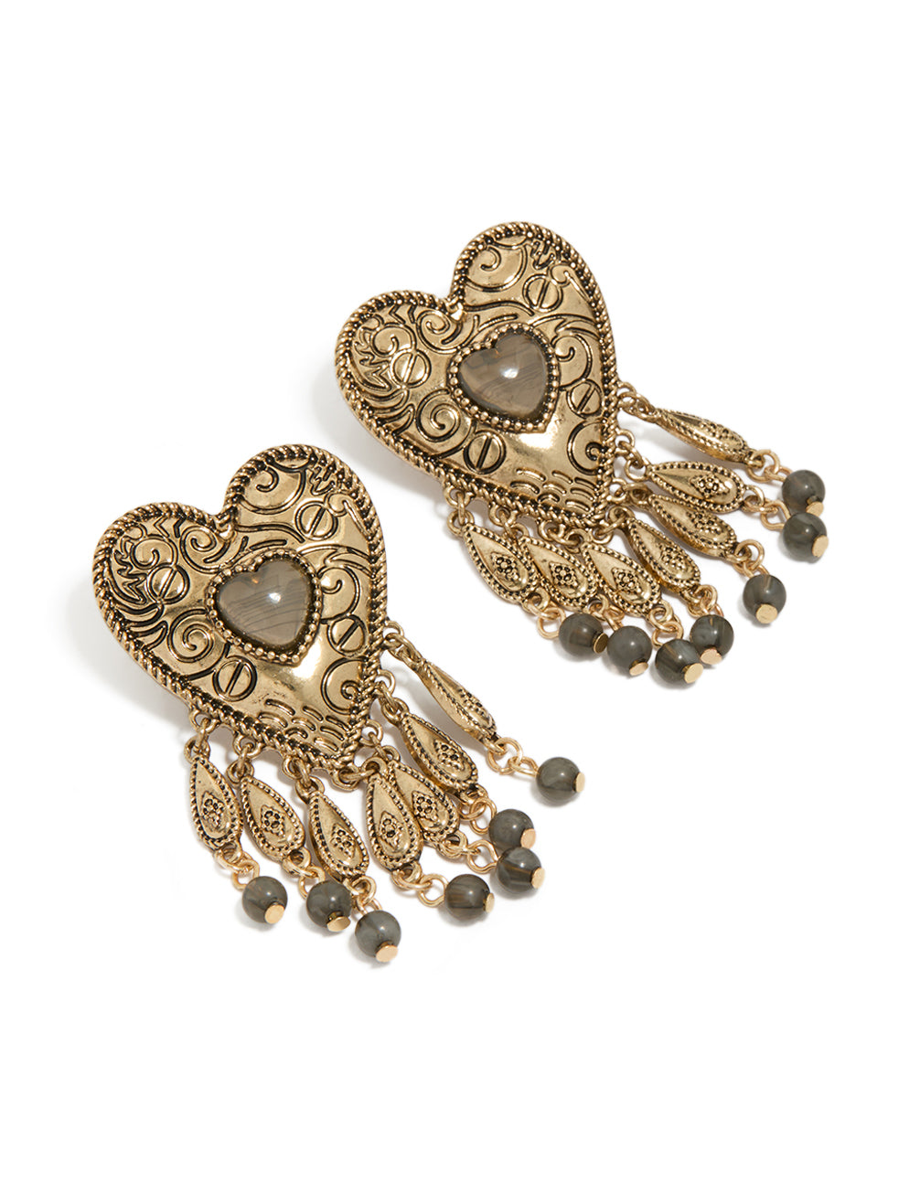 Showcasing antique gold textured heart drop earrings with beads, and charm details in statement style front view