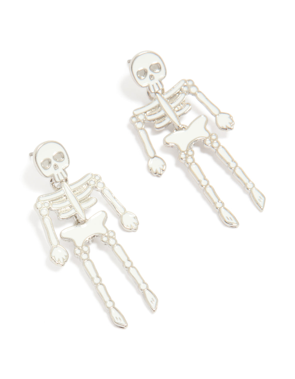 Showcasing silver dangly skeleton earrings design in white front view