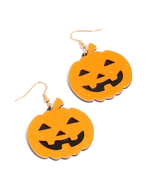Orange Acrylic Scary Pumpkin Drop Earrings