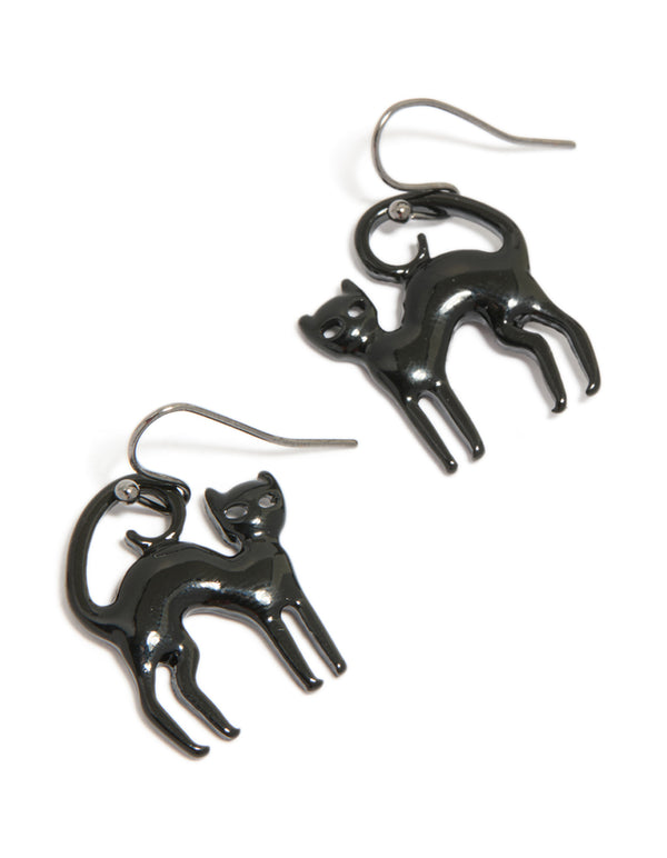 Black Coated Metal  Cat Drop Earrings