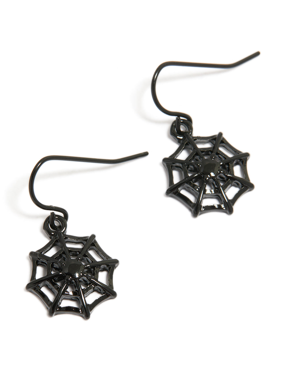 Showcasing black coated metal spiderweb drop earrings with statement style front view