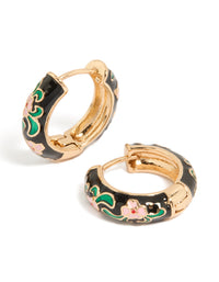 Featuring thick statement huggie earrings with floral enamel pattern in gold, black, green, and pink hoop closure front view - link has visual effect only
