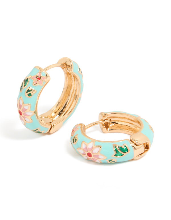 Featuring thick gold huggie earrings with light blue enamel, floral detailing, leaf accents in turquoise, pink and green front view
