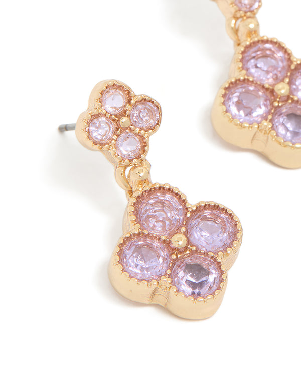 Beautifully crafted gold pink cubic zirconia double flower drop earrings close up view