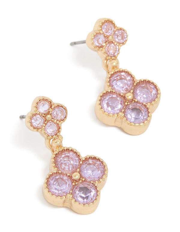 Discover these gold pink cubic zirconia double flower drop earrings front view