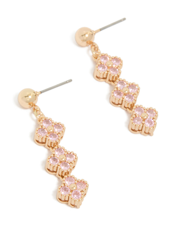 Gold Pink Cubic Zirconia Flower Trio Drop Earrings
