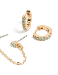 Gold Light Blue Cubic Zirconia Chain Flower & Huggie Earrings Pack - link has visual effect only