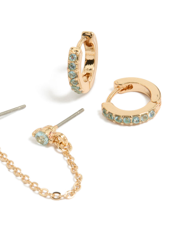 Gold Light Blue Cubic Zirconia Chain Flower & Huggie Earrings Pack