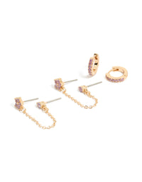 Gold Lilac Cubic Zirconia Chain Flower & Huggie Earrings Pack - link has visual effect only
