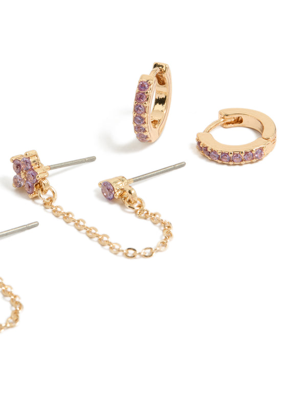 Gold Lilac Cubic Zirconia Chain Flower & Huggie Earrings Pack