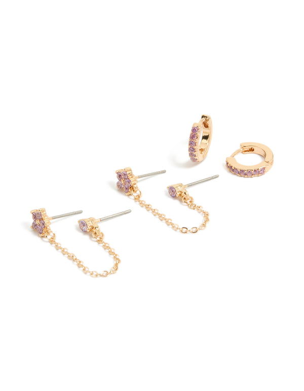 Gold Lilac Cubic Zirconia Chain Flower & Huggie Earrings Pack