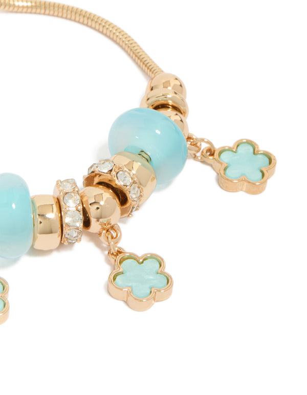 Gold Blue Beaded & Flower Trio Charm Toggle Bracelet