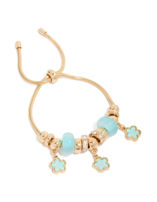 Gold Blue Beaded & Flower Trio Charm Toggle Bracelet