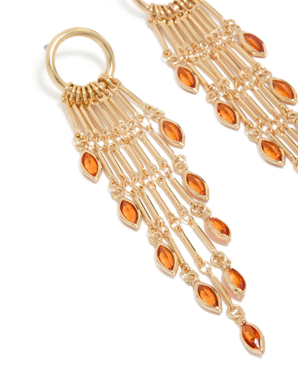 Gold Ring With Long Amber Diamante Chain Drop Earrings