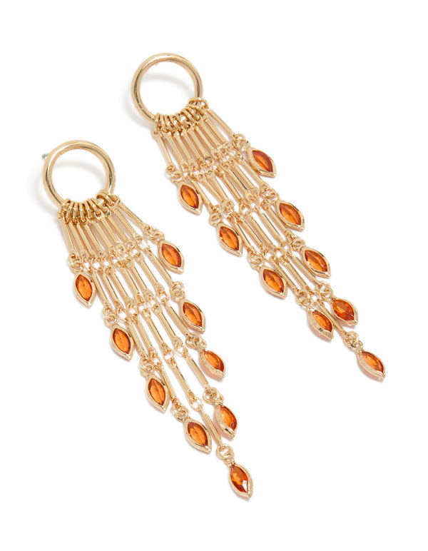 Gold Ring With Long Amber Diamante Chain Drop Earrings