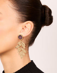 Gold Purple Bead & Textured Layered Petals Drop Earrings - link has visual effect only