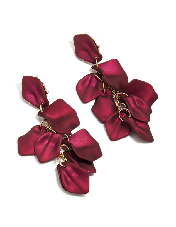 Showcasing burgundy coated metal petal drop earrings statement design in maroon and gold front view