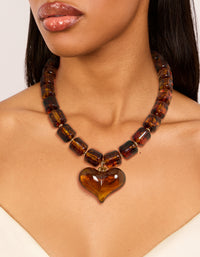 Brown Square Bead & Heart Pendant Necklace - link has visual effect only