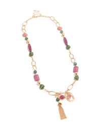 Gold Pink & Green Acrylic Beaded Long Fringe Necklace - link has visual effect only