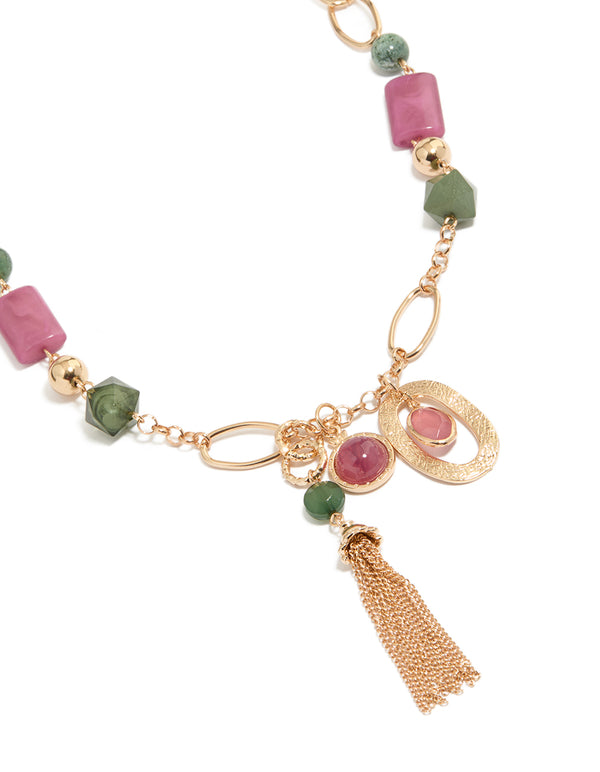Gold Pink & Green Acrylic Beaded Long Fringe Necklace