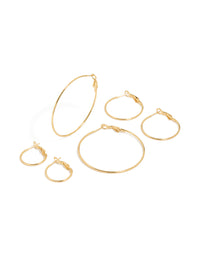 Showcasing waterproof gold plated stainless steel extra thin hoop earrings in a 3-pack with closure featuring gold color front view - link has visual effect only