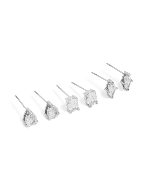 Showcasing waterproof stainless steel classic stud earrings 3-pack with oval, marquise, and pear cut cubic zirconia in silver and clear front view
