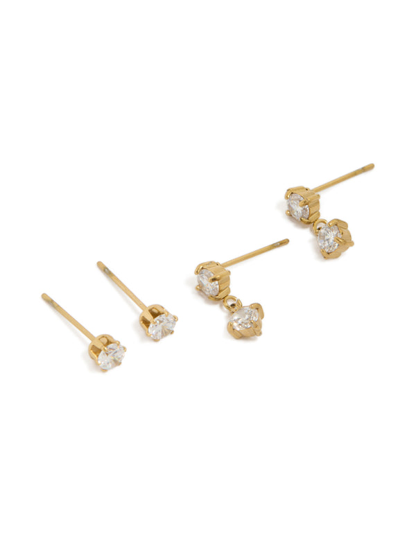 Showcasing waterproof gold plated stainless steel cubic zirconia round stud and drop earrings in a 2-pack with crystal features front view