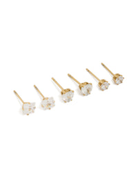 Discover this waterproof gold plated stainless steel cubic zirconia mixed stud earrings in a 3-pack featuring round stone cut and clear accents front view - link has visual effect only