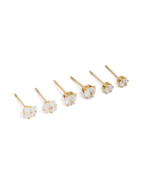 Discover this waterproof gold plated stainless steel cubic zirconia mixed stud earrings in a 3-pack featuring round stone cut and clear accents front view