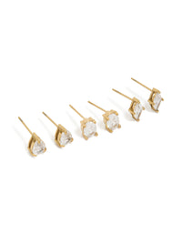 Discover waterproof gold plated stainless steel cubic zirconia classic stud earrings in a 3-pack featuring round, marquise, and pear stone cuts front view - link has visual effect only