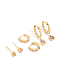 Discover waterproof gold plated stainless steel pink cubic zirconia mixed earrings in a 3-pack featuring huggie and stud closures front view - link has visual effect only
