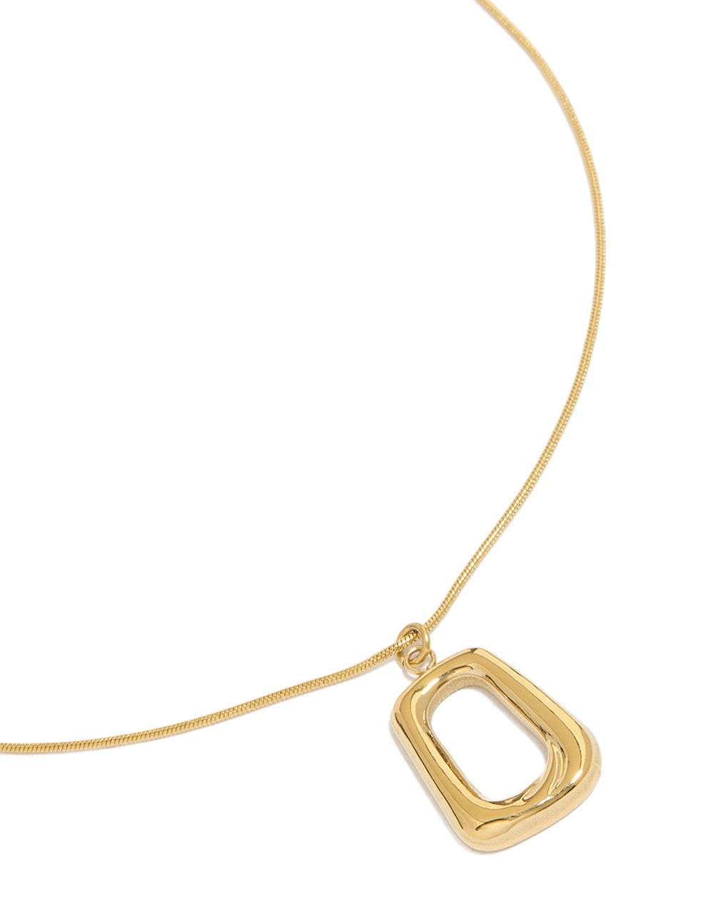 Showcasing a waterproof gold plated open rectangle pendant necklace crafted from stainless steel close up view