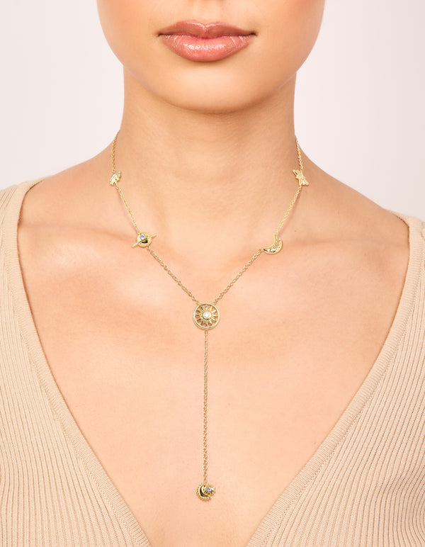 Elegant waterproof celestial pendant Y-necklace in gold plated stainless steel on neck view