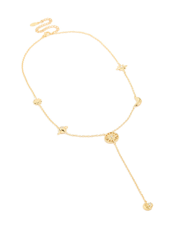 Beautiful waterproof celestial pendant Y-necklace in gold plated stainless steel with front view