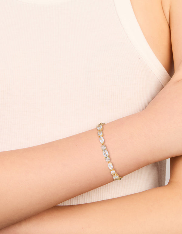 Discover this waterproof gold plated stainless steel with cubic zirconia bracelet on wrist view
