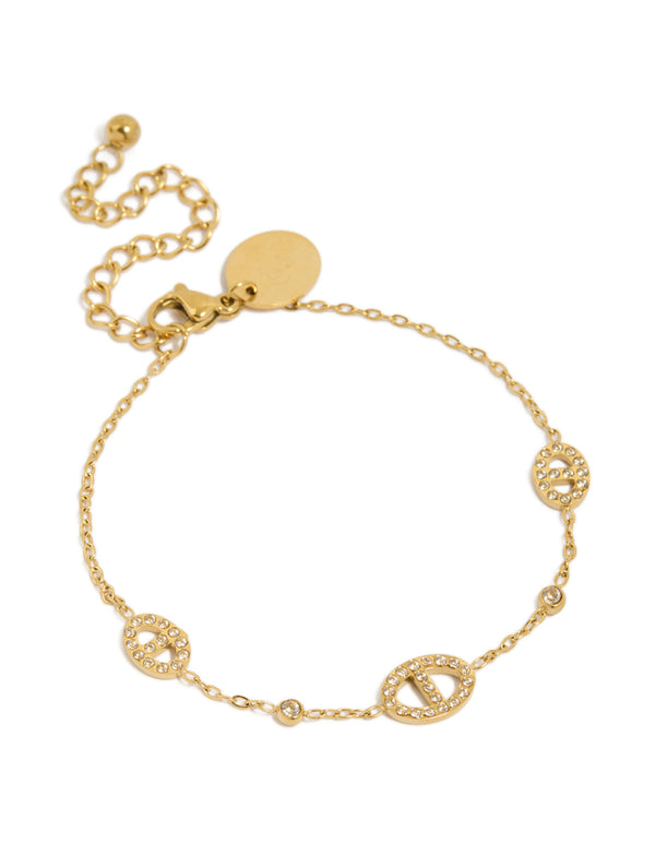 Beautifully crafted waterproof gold plated stainless steel cubic zirconia oval station bracelet front view