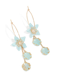 Gold Aqua Blue Flower Petal Drop Hoop Earrings - link has visual effect only
