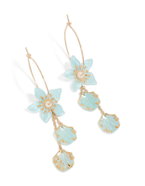 Gold Aqua Blue Flower Petal Drop Hoop Earrings