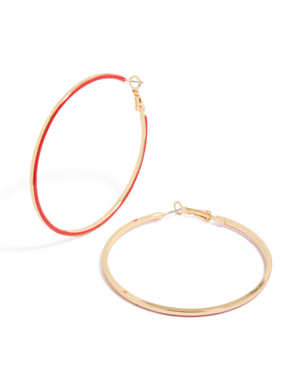 Showcasing gold outline red enamel hoop earrings with closure in front view