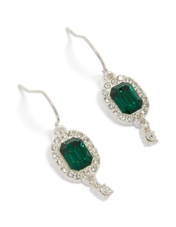 Beautifully crafted square drop earrings in silver featuring green diamante gemstones with statement styling front view