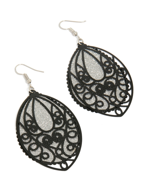 Silver Black Lace Look Drop Earrings