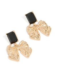Gold Black Diamante & Bow Drop Earrings - link has visual effect only