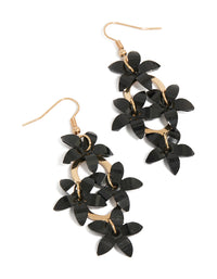 Gold Four Black Flowers Drop Earrings - link has visual effect only